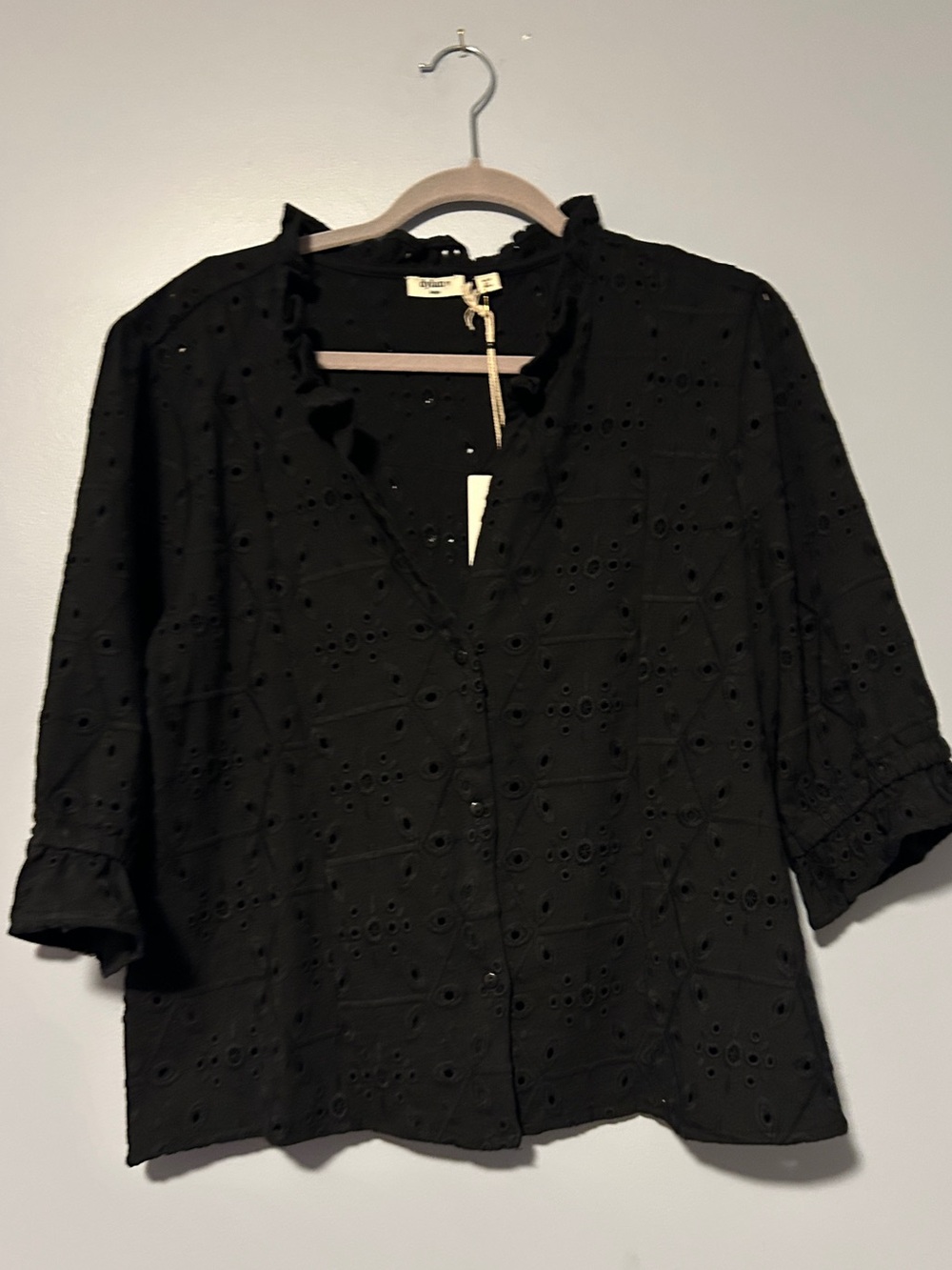 dylan Black Eyelet Button-Down Ruffle Trim Blouse